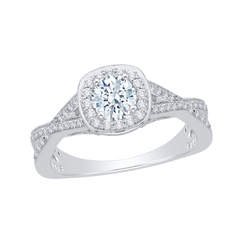 Split Shank Round Diamond Halo Engagement Ring in 14K White Gold