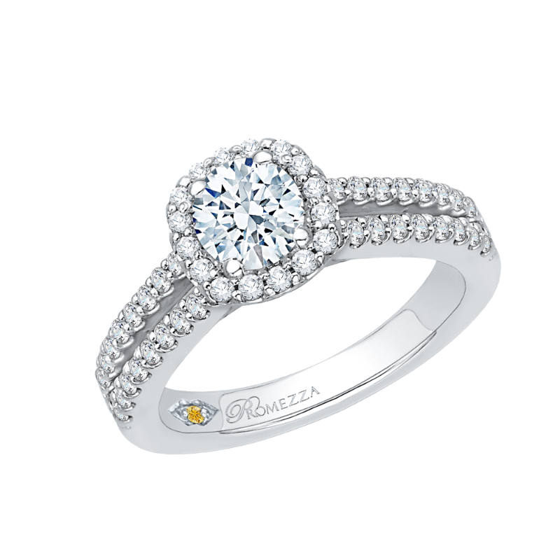 Split Shank Round Diamond Halo Engagement Ring in 14K White Gold