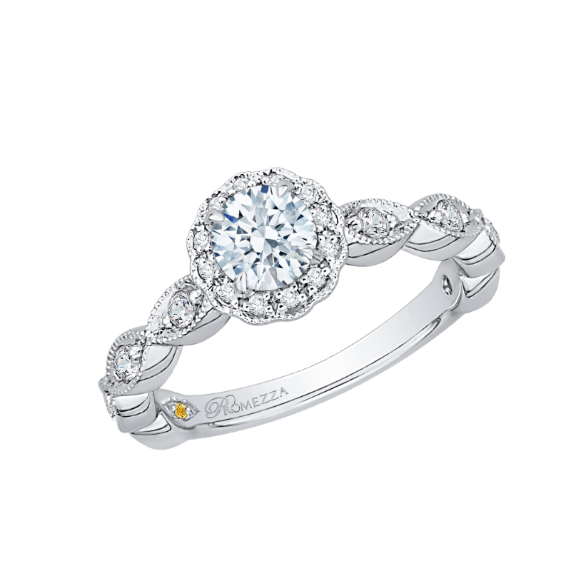 Round Diamond Floral Halo Engagement Ring in 14K White Gold