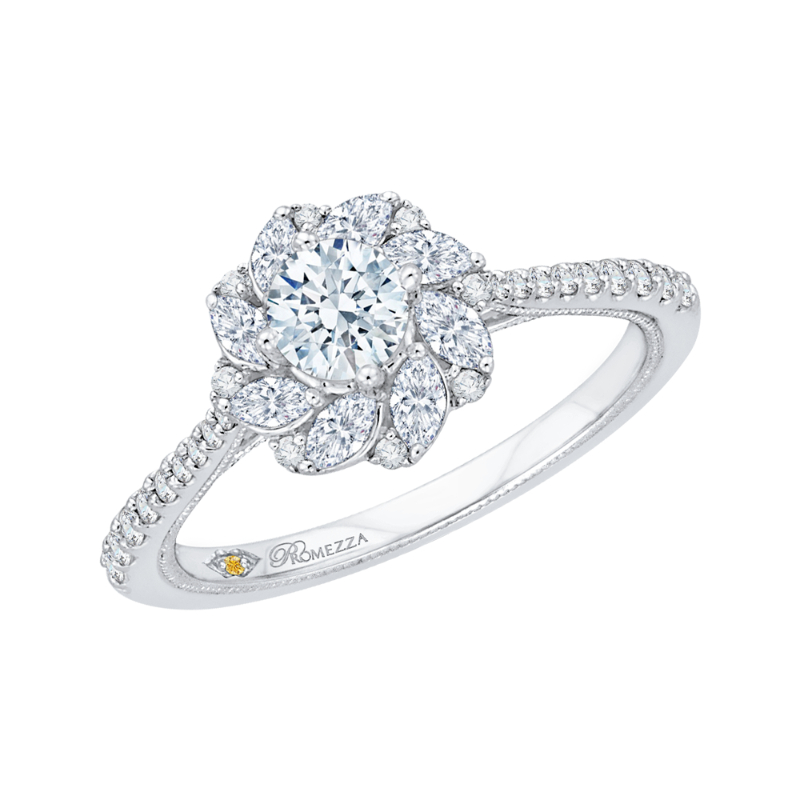 Diamond Floral Halo Engagement Ring in 14K White Gold