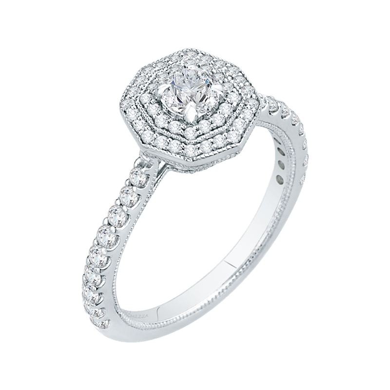 Diamond Octagon Shape Double Halo Engagement Ring in 14K White Gold