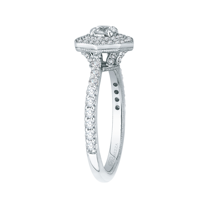 Diamond Octagon Shape Double Halo Engagement Ring in 14K White Gold