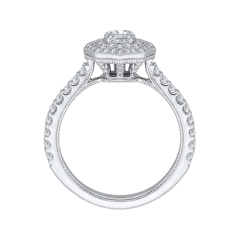 Diamond Octagon Shape Double Halo Engagement Ring in 14K White Gold