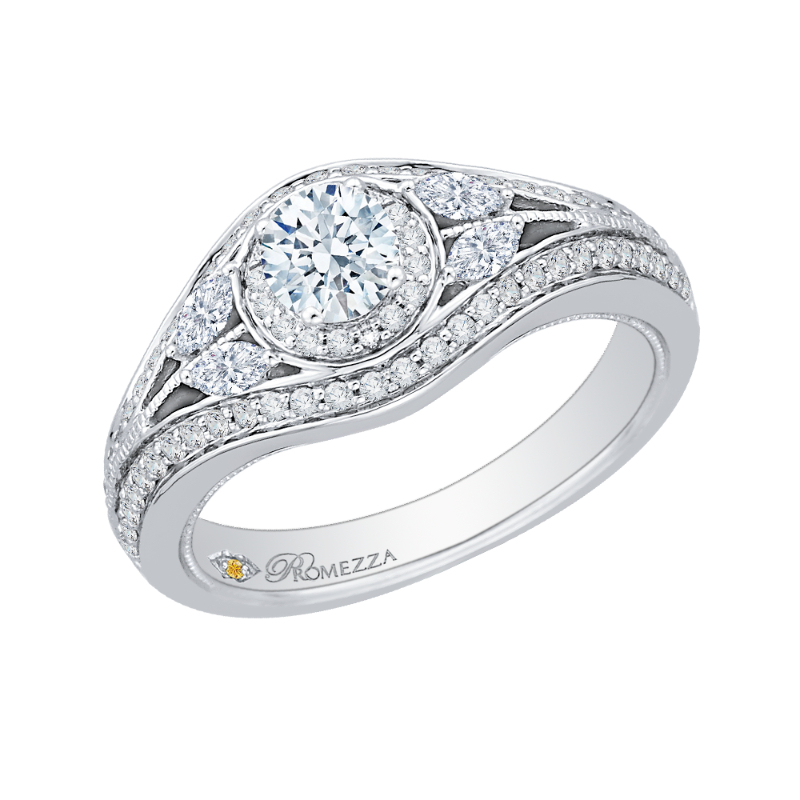 Split Shank Round Diamond Halo Engagement Ring in 14K White Gold