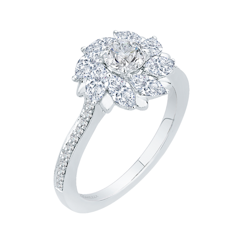Round and Marquise Cut Diamond Floral Engagement Ring in 14K White Gold