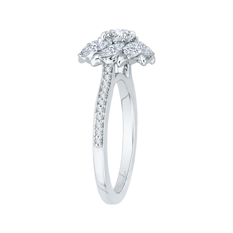 Round and Marquise Cut Diamond Floral Engagement Ring in 14K White Gold
