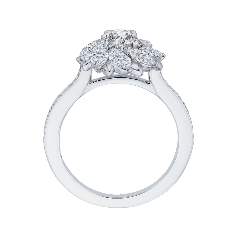 Round and Marquise Cut Diamond Floral Engagement Ring in 14K White Gold