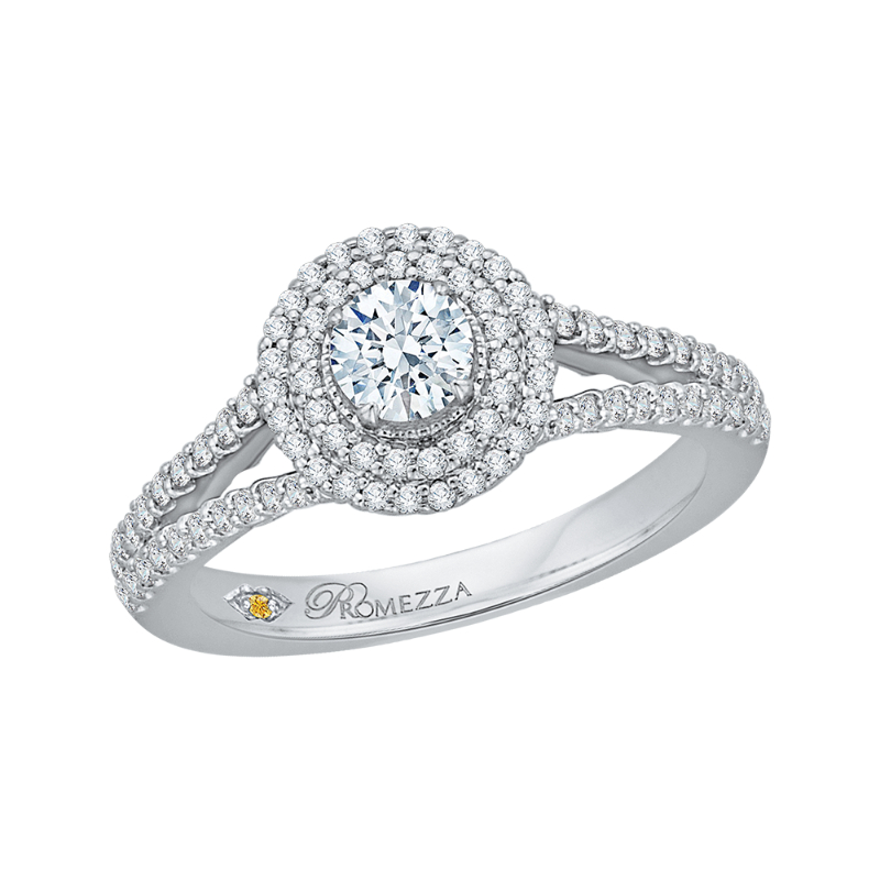 Round Diamond Double Halo Engagement Ring with Spit Shank in 14K White Gold
