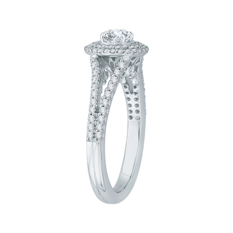 Round Diamond Double Halo Engagement Ring with Spit Shank in 14K White Gold