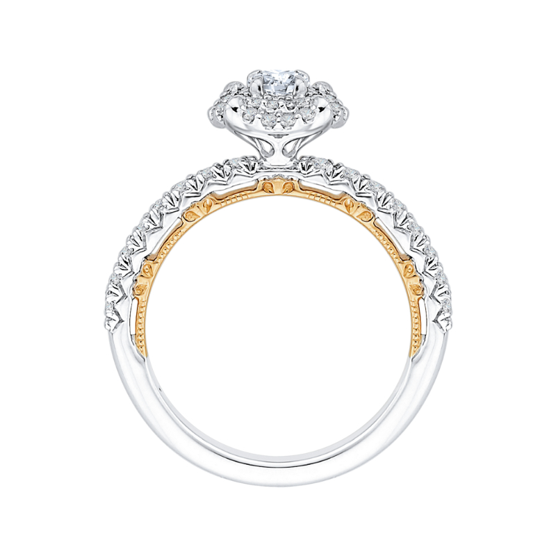 Round Diamond Double Halo Engagement Ring in 14K Two Tone Gold