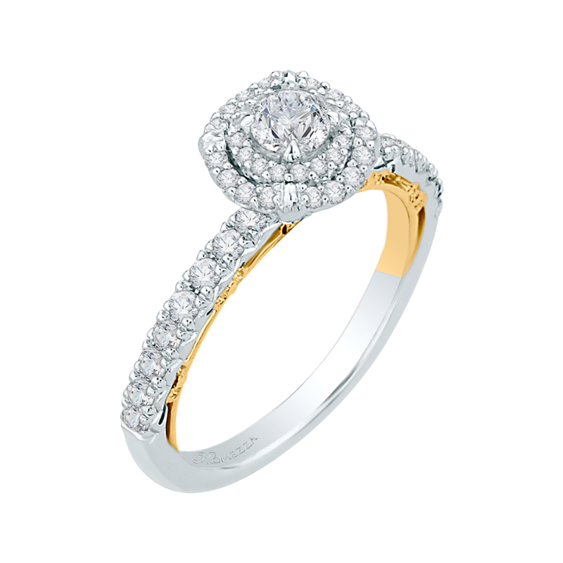 Round Diamond Double Halo Engagement Ring in 14K Two Tone Gold
