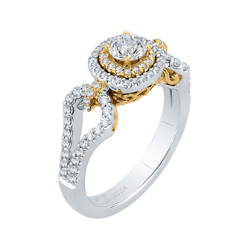 Split Shank Round Diamond Double Halo Engagement Ring in 14K Two Tone Gold