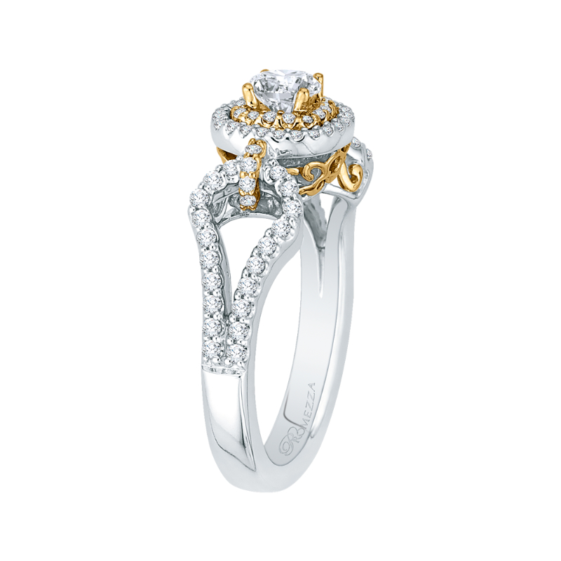 Split Shank Round Diamond Double Halo Engagement Ring in 14K Two Tone Gold