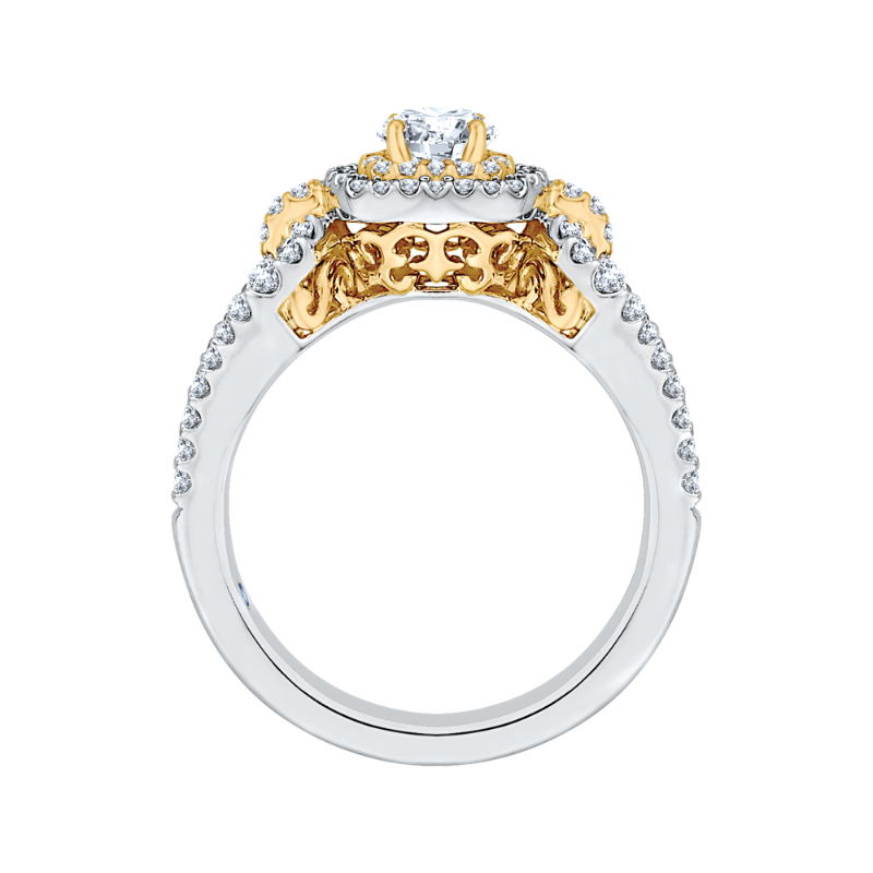 Split Shank Round Diamond Double Halo Engagement Ring in 14K Two Tone Gold