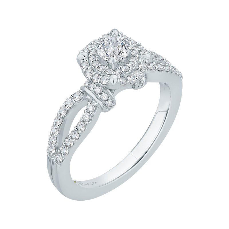 Split Shank Round Diamond Double Halo Engagement Ring in 14K White Gold