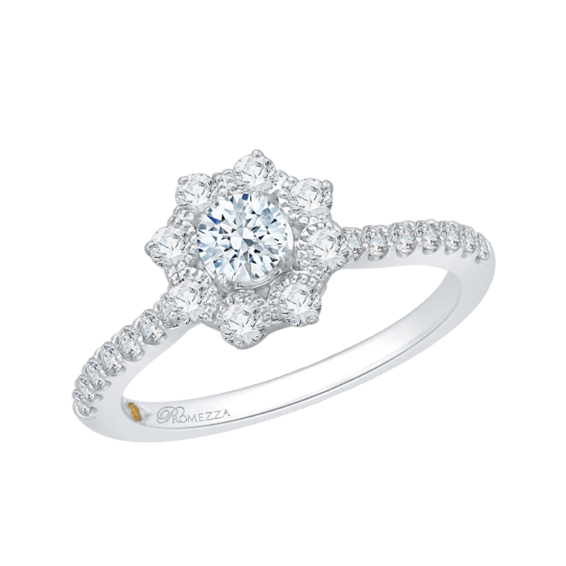 Diamond Floral Halo Engagement Ring in 14K White Gold