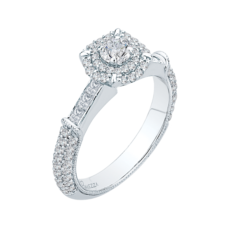 Round and Princess Cut Diamond Double Halo Engagement Ring in 14K White Gold