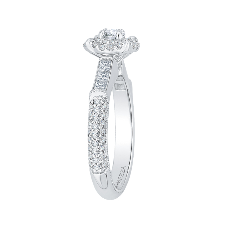 Round and Princess Cut Diamond Double Halo Engagement Ring in 14K White Gold