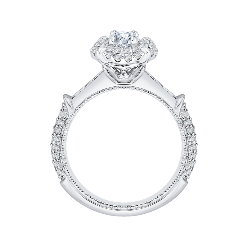Round and Princess Cut Diamond Double Halo Engagement Ring in 14K White Gold