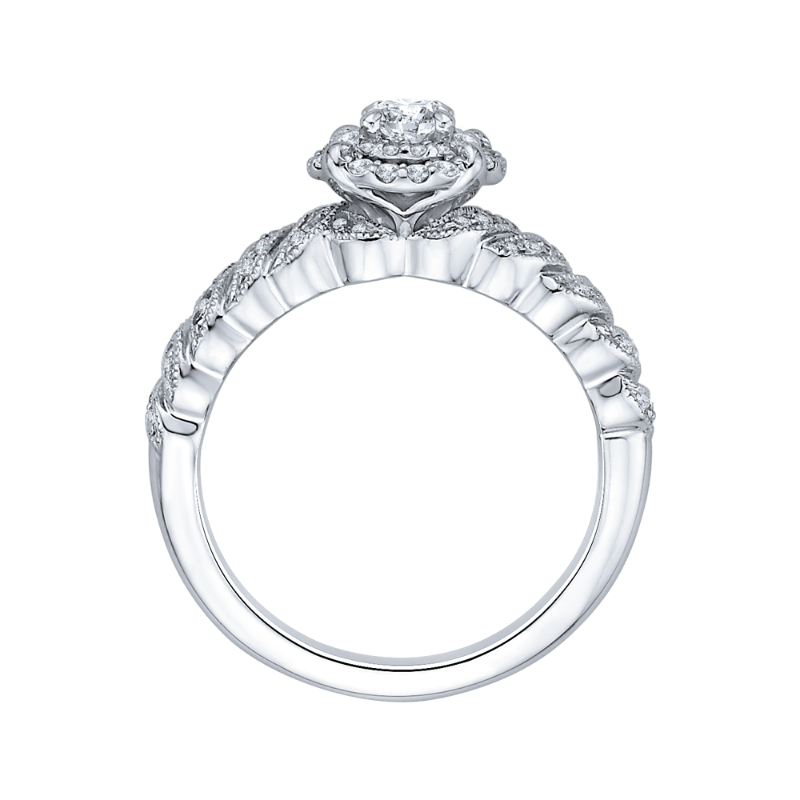 Round Diamond Double Halo Floral Engagement Ring in 14K White Gold