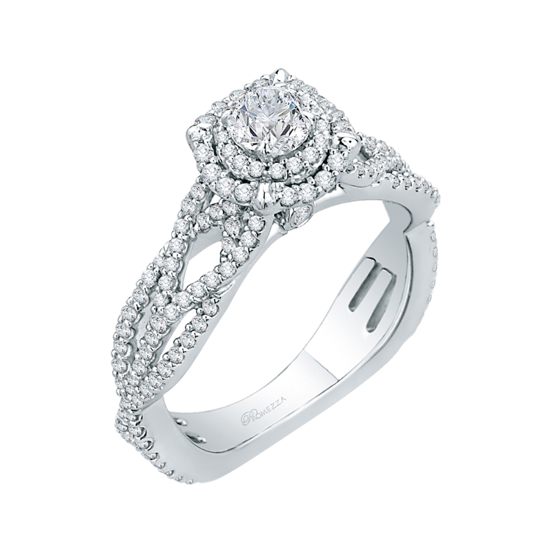 Split Shank Round Diamond Halo Engagement Ring in 14K White Gold