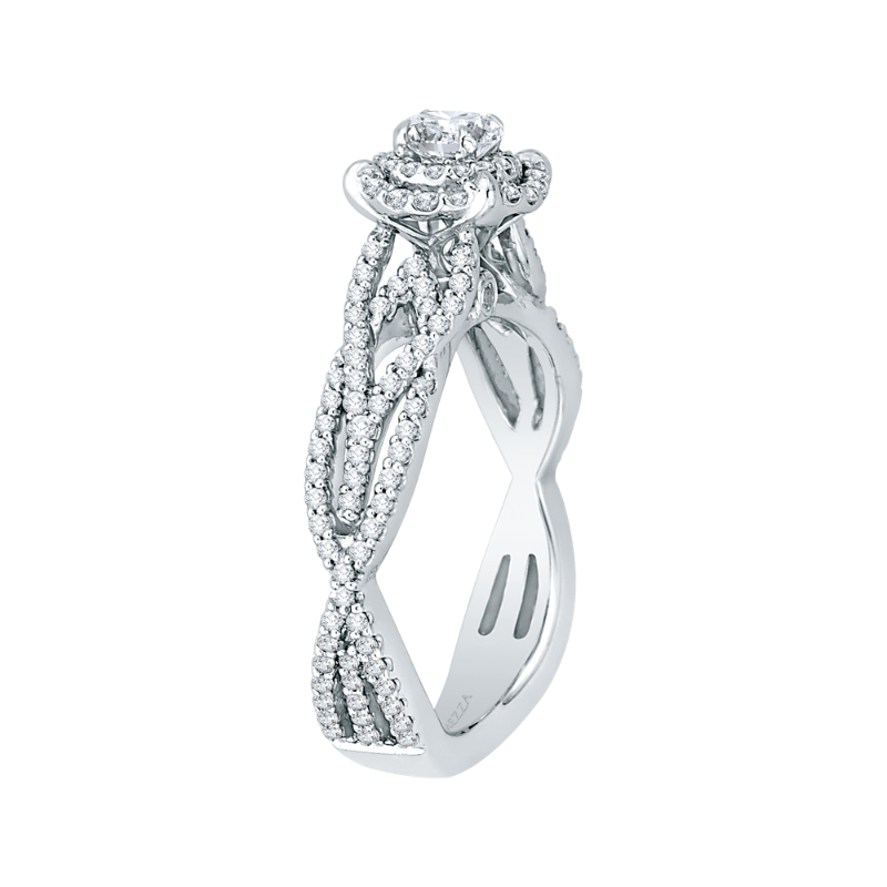 Split Shank Round Diamond Halo Engagement Ring in 14K White Gold