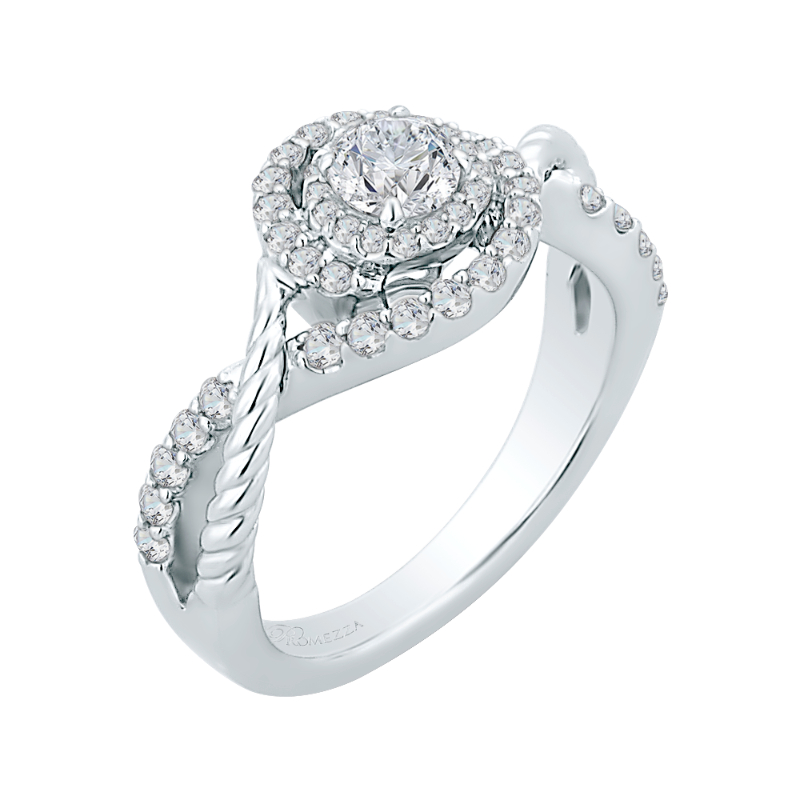 Round Diamond Criss-Cross Halo Engagement Ring in 14K White Gold