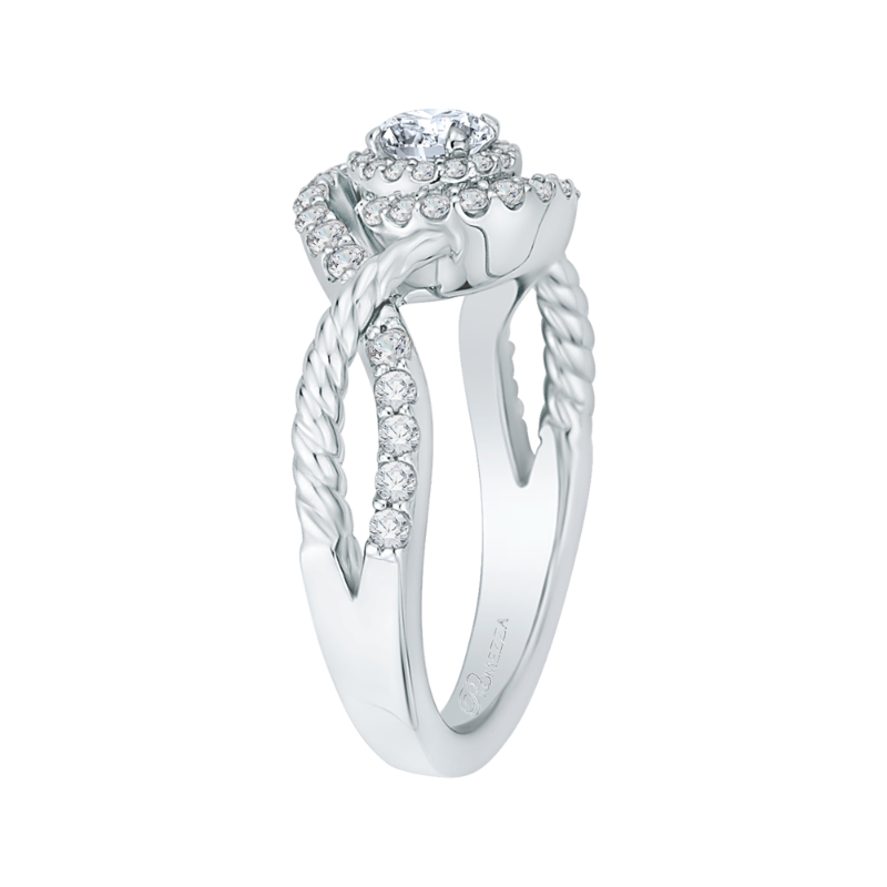 Round Diamond Criss-Cross Halo Engagement Ring in 14K White Gold