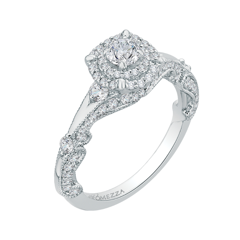 Round Diamond Double Halo Vintage Engagement Ring in 14K White Gold