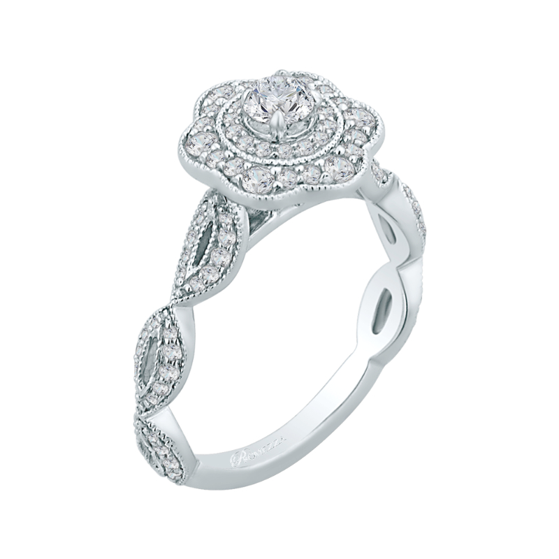 Round Diamond Floral Halo Engagement Ring in 14K White Gold