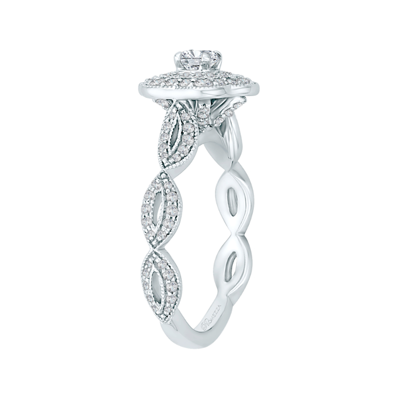 Round Diamond Floral Halo Engagement Ring in 14K White Gold