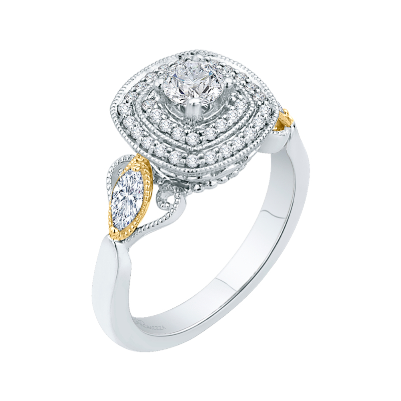 Round Diamond Double Halo Engagement Ring in 14K Two Tone Gold