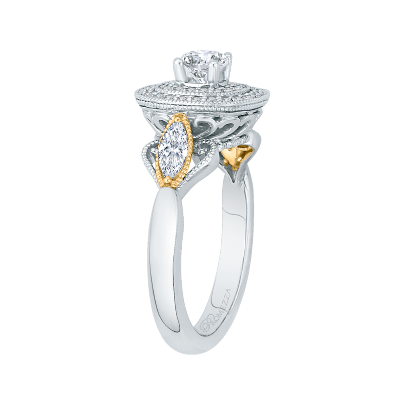 Round Diamond Double Halo Engagement Ring in 14K Two Tone Gold