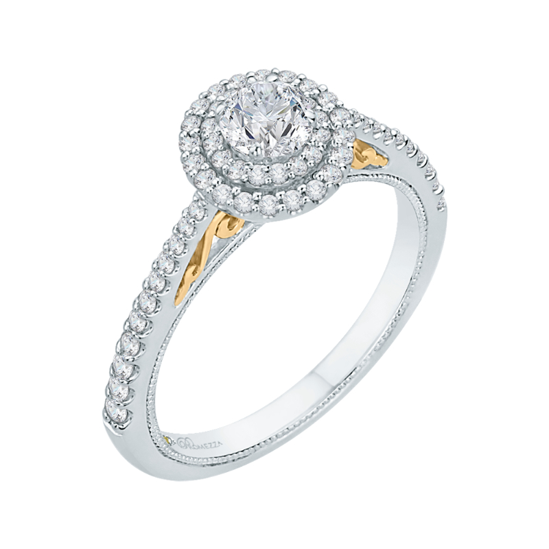 Round Diamond Double Halo Engagement Ring in 14K Two Tone Gold