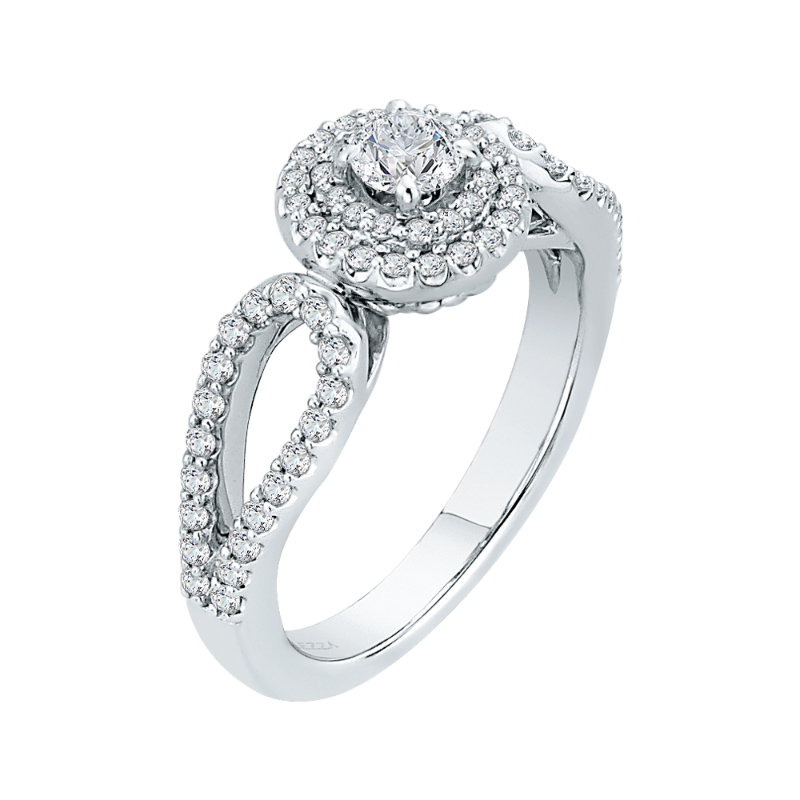 Split Shank Round Diamond Double Halo Engagement Ring in 14K White Gold