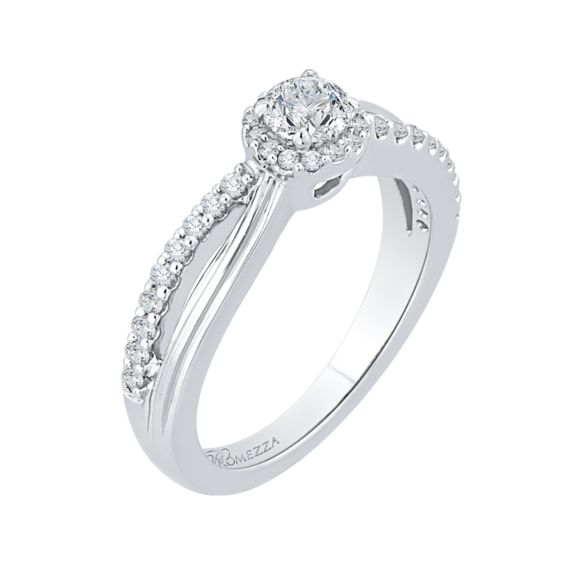 Split Shank Round Diamond Halo Engagement Ring in 14K White Gold