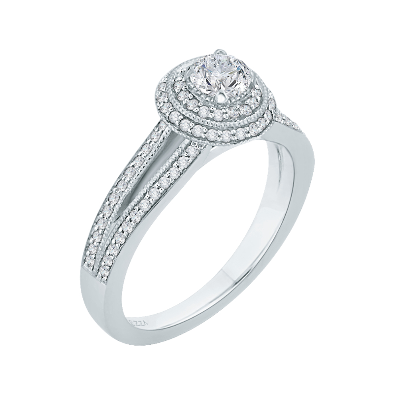 Split Shank Round Diamond Double Halo Engagement Ring in 14K White Gold