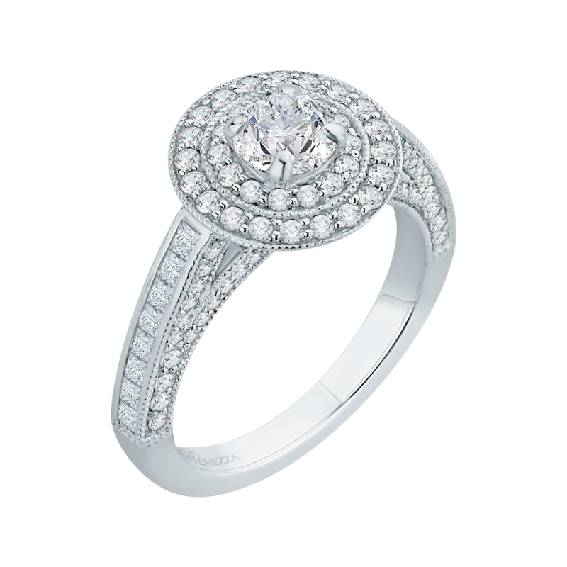 Round and Princess Cut Diamond Double Halo Engagement Ring in 14K White Gold