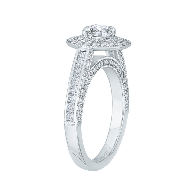Round and Princess Cut Diamond Double Halo Engagement Ring in 14K White Gold