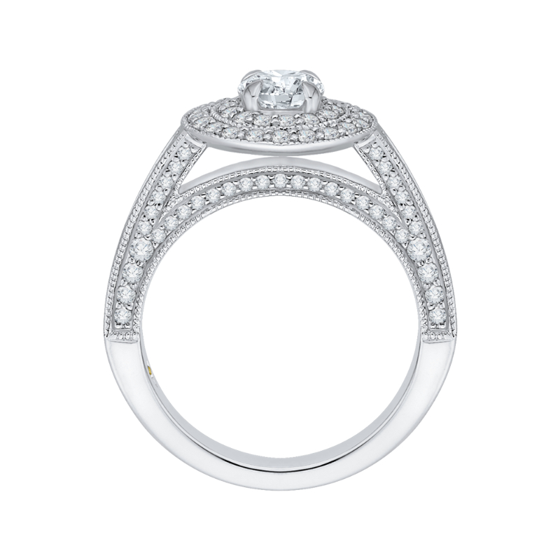Round and Princess Cut Diamond Double Halo Engagement Ring in 14K White Gold
