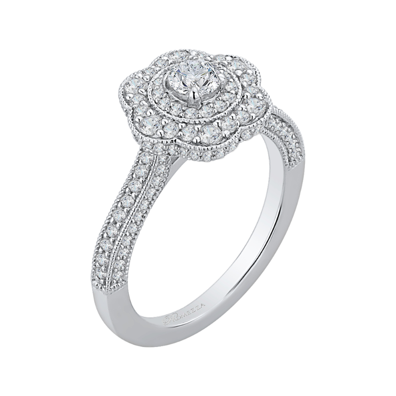 Round Diamond Floral Halo Engagement Ring in 14K White Gold