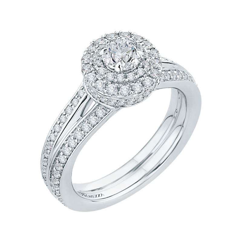 Split Shank Round Diamond Double Halo Engagement Ring in 14K White Gold