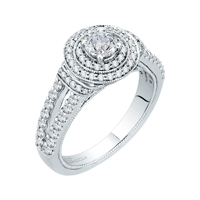 Split Shank Round Diamond Double Halo Engagement Ring in 14K White Gold