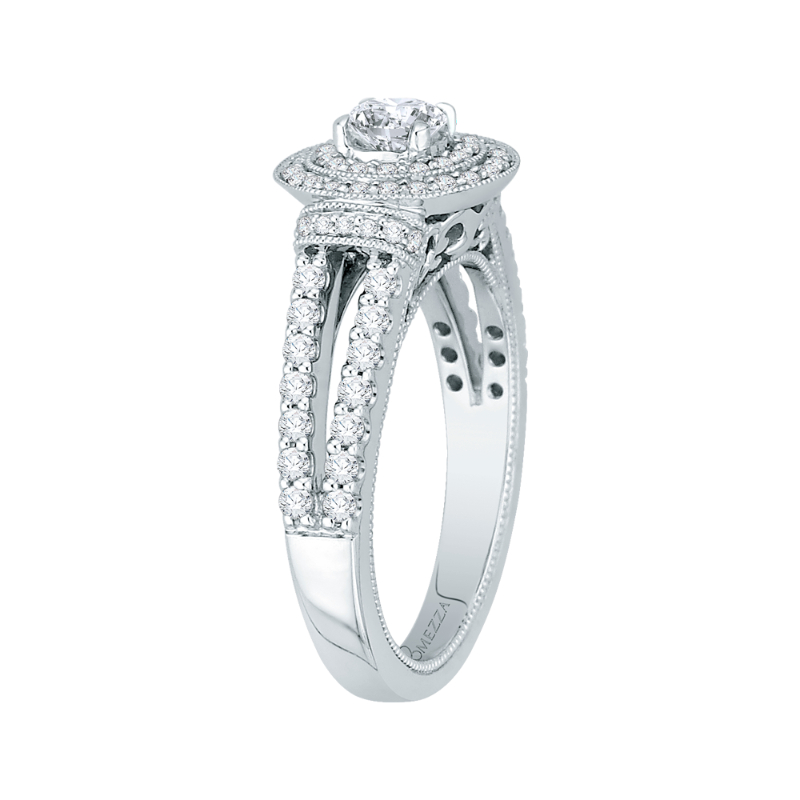 Split Shank Round Diamond Double Halo Engagement Ring in 14K White Gold