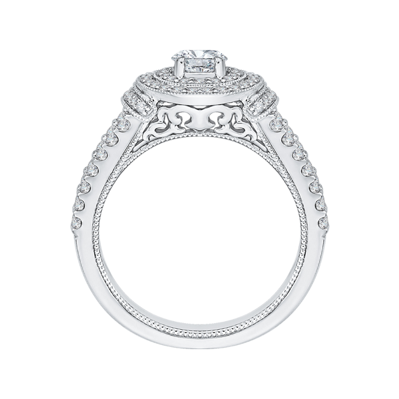 Split Shank Round Diamond Double Halo Engagement Ring in 14K White Gold