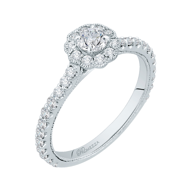 Round Halo Diamond Floral Engagement Ring in 14K White Gold