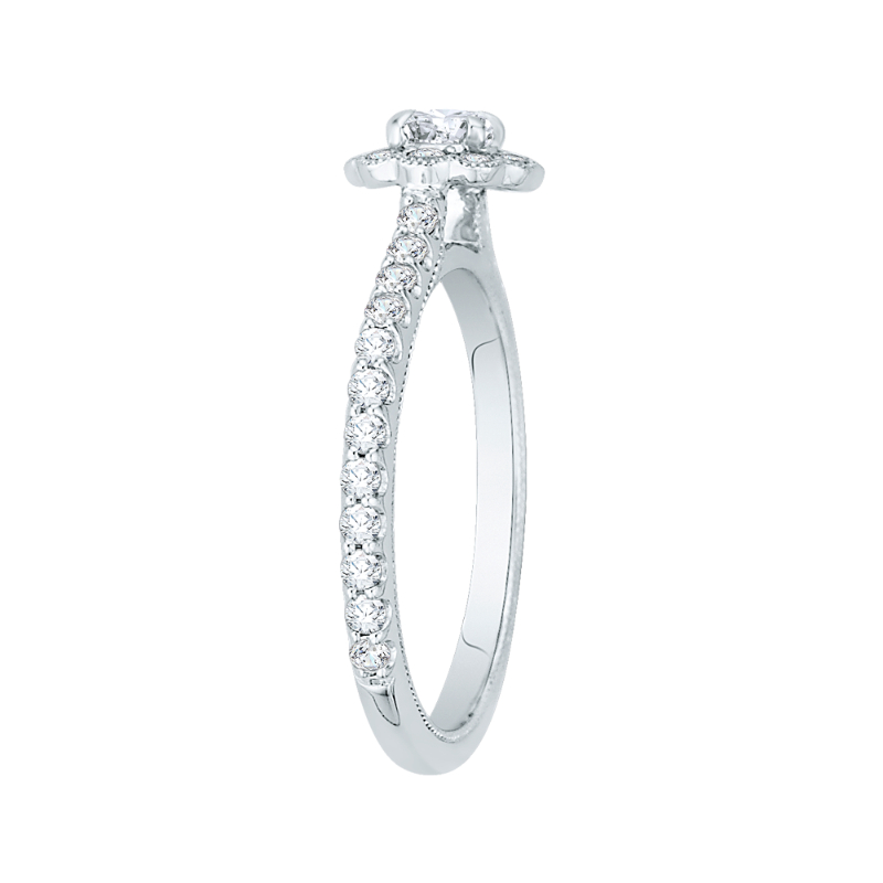 Round Halo Diamond Floral Engagement Ring in 14K White Gold