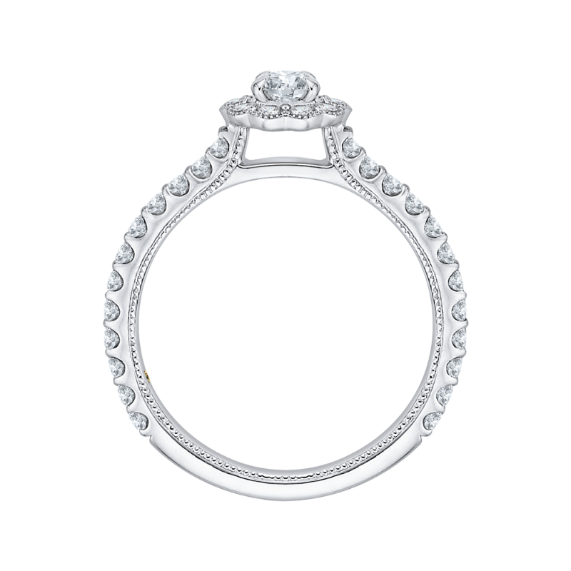 Round Halo Diamond Floral Engagement Ring in 14K White Gold