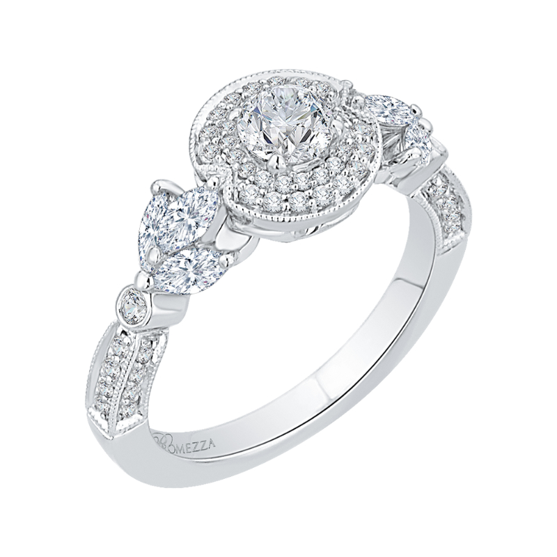 Round Diamond Double Halo Floral Engagement Ring in 14K White Gold