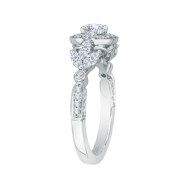 Round Diamond Double Halo Floral Engagement Ring in 14K White Gold